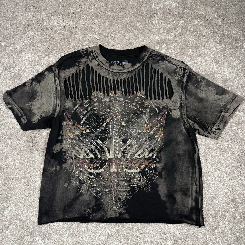 Affliction Regal Chrome T-Shirt Size L Black Tribal Graphic Slashed Cyber Goth